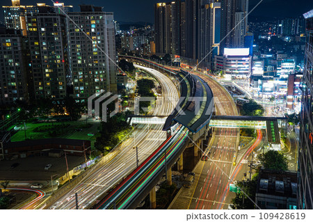 The night view of the railway in Guro Digital Complex, Seoul, Korea The night view of the railway in Guro Digital Complex, Seoul, Korea 109428619