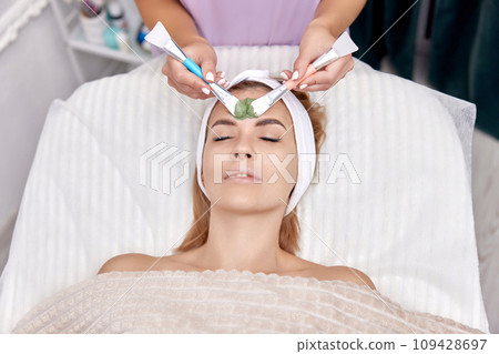female beautician applies the mask to the face of beautiful woman in the spa salon. facial skin care female beautician applies the mask to the face of beautiful woman in the spa salon. facial skin care 109428697