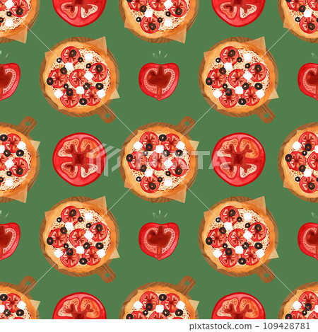 Seamless pizza pattern with tomatoes, olives and cheese. Watercolor illustration for menus, recipes, kitchen textiles, design of cafes, restaurants and pizzerias, as well as pizza boxes and packaging. 109428781