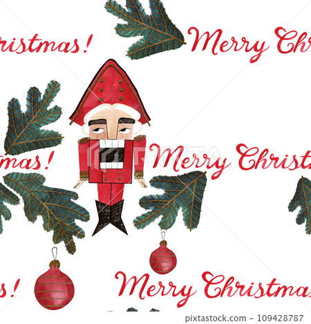 Nutcracker and nuts. Seamless watercolor pattern for New Year and Christmas wrapping paper. Vintage style gifts for children under the Christmas tree. Nutcracker and nuts. Seamless watercolor pattern for New Year and Christmas wrapping paper. Vintage style gifts for children under the Christmas tree. 109428787