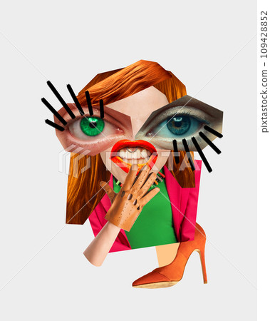 Contemporary art collage. Creative portrait, surrealistic caricature of woman with striking image who understands style and fashion Contemporary art collage. Creative portrait, surrealistic caricature of woman with striking image who understands style and fashion 109428852