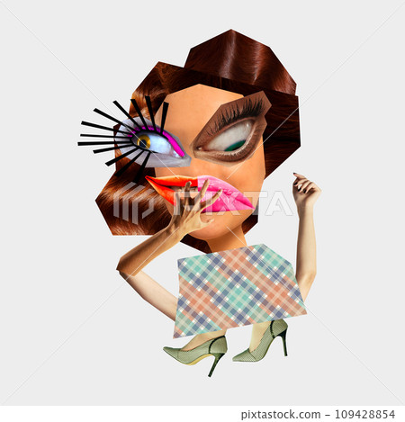 Contemporary art collage. Creative portrait, modern caricature of glamorous woman wakes up after crowdy party night. Contemporary art collage. Creative portrait, modern caricature of glamorous woman wakes up after crowdy party night. 109428854