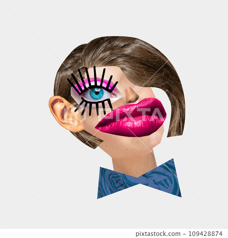 Contemporary art collage. Creative portrait, caricature of man with modern hairstyle and bright personality-enhancing makeup. 109428874