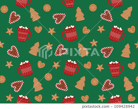Christmas seamless pattern with cocoa, gingerbreads, candy cane. Seasonal winter design. Holiday seamless background. Vector illustration in flat cartoon style 109428942
