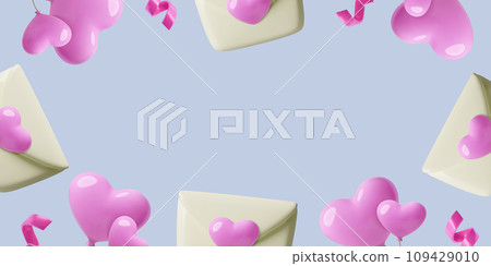 Valentine's Day background with 3D realistic envelopes, hearts and copy space. Vector illustration. 109429010