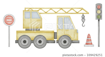 Truck Crane Watercolor illustration. Set of baby car toy. Hand drawn clip art of road sign and traffic light on isolated background. Autocrane and signpost drawing for stickers and prints. Truck Crane Watercolor illustration. Set of baby car toy. Hand drawn clip art of road sign and traffic light on isolated background. Autocrane and signpost drawing for stickers and prints. 109429251
