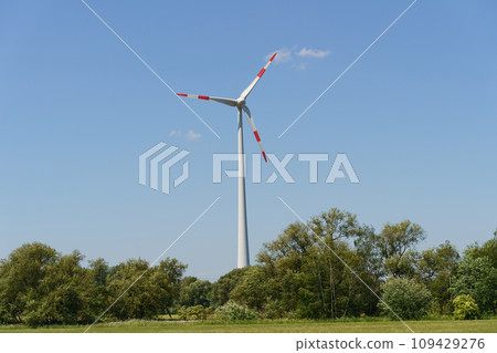 Landscape from renewable energy wind turbine with field, forest and sky Landscape from renewable energy wind turbine with field, forest and sky 109429276