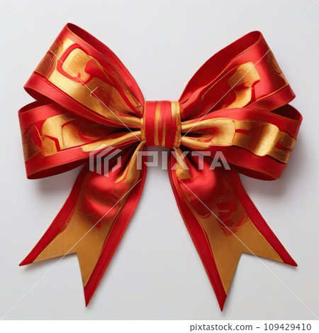 Decorative big golden red bow on a white background.  109429410
