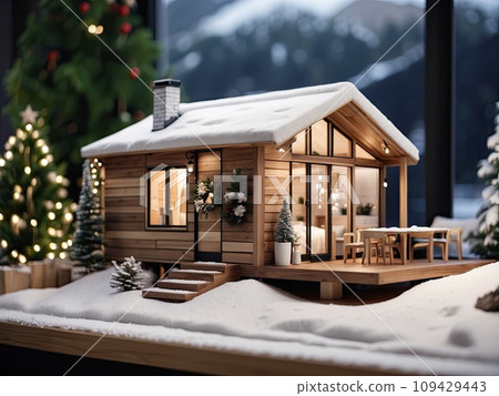 A realistic wooden modern tiny house in a small size in Christmas decor and snow, window sill decoration, dream. Festive mood, insurance, gift, mortgage, housing, rent, moving in New Year. 109429443