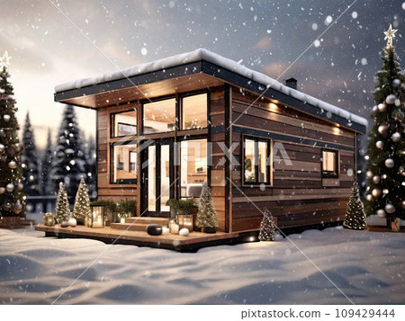 Wooden modern tiny house with flat roof in Christmas decor and snow, Festive mood. Tourism, travel in winter, vacation on New Year, mini hotel, booking, insurance, mortgage, housing, rent, moving. 109429444