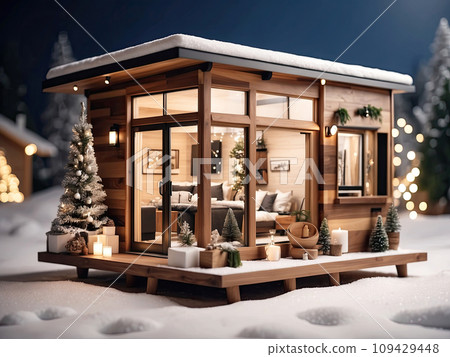 Wooden modern tiny house with flat roof in Christmas decor and snow, Festive mood. Tourism, travel in winter, vacation on New Year, mini hotel, booking, insurance, mortgage, housing, rent, moving. 109429448