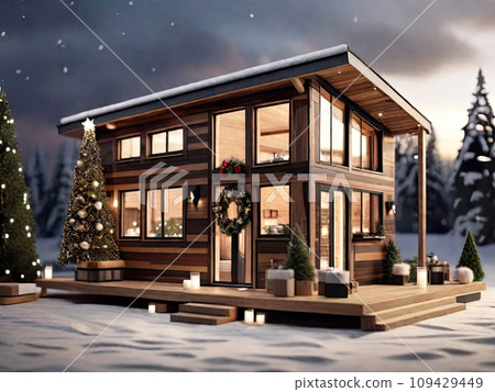 Wooden modern tiny house with flat roof in Christmas decor and snow, Festive mood. Tourism, travel in winter, vacation on New Year, mini hotel, booking, insurance, mortgage, housing, rent, moving. Wooden modern tiny house with flat roof in Christmas decor and snow, Festive mood. Tourism, travel in winter, vacation on New Year, mini hotel, booking, insurance, mortgage, housing, rent, moving. 109429449