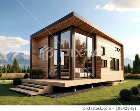 Wooden modern tiny house with flat roof on a green lawn in an eco-friendly place of nature. Tourism, travel, mini hotel, booking, insurance, mortgage, housing, rent, moving. Wooden modern tiny house with flat roof on a green lawn in an eco-friendly place of nature. Tourism, travel, mini hotel, booking, insurance, mortgage, housing, rent, moving. 109429451