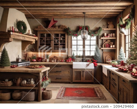 Cozy rustic retro kitchen with Christmas decor, utensils. Merry Christmas and Happy New Year greeting card, home warmth 109429460