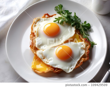 Fried eggs on a white plate with toast and herbs. Traditional delicious breakfast 109429509