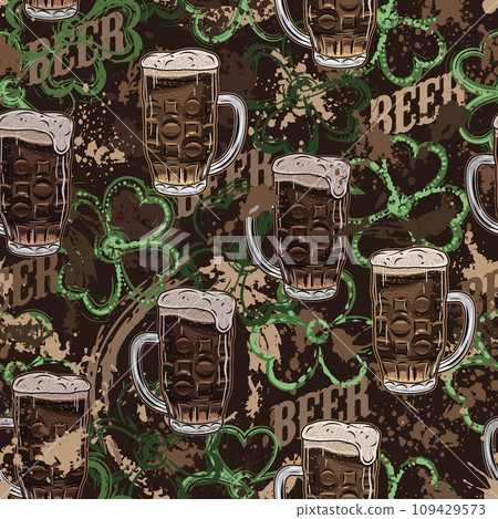 Brown grunge camouflage pattern with beer, abstract paint splatter, smudges., brushstrokes, blots. Random chaotic composition for Patricks Day. Good for apparel, clothing, fabric, textile, sport goods Brown grunge camouflage pattern with beer, abstract paint splatter, smudges., brushstrokes, blots. Random chaotic composition for Patricks Day. Good for apparel, clothing, fabric, textile, sport goods 109429573