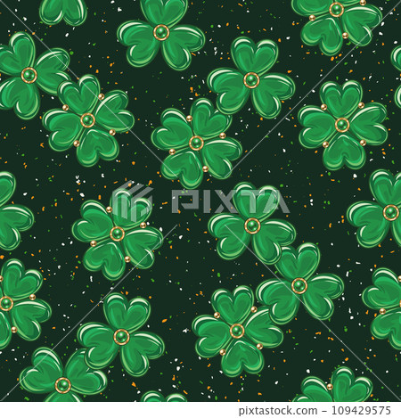 St Patricks day seamless pattern with scattered clover, trefoil, lucky 4 leaves shamrock on textured dark background. Vintage illustration for prints, textile, surface design 109429575