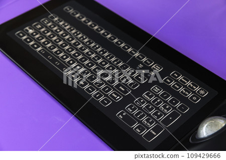 Built-in tabletop input device with black industrial keyboard with trackball mouse 109429666