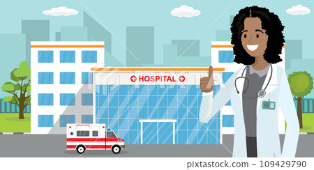 Ambulance car,hospital or clinic building and african american f 109429790