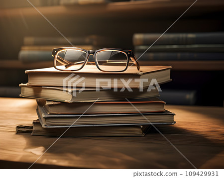 Glasses Resting on a Towering Pile of Books.GenerativeAI. Glasses Resting on a Towering Pile of Books.GenerativeAI. 109429931