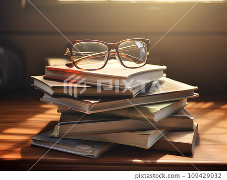 Glasses Resting on a Towering Pile of Books.GenerativeAI. Glasses Resting on a Towering Pile of Books.GenerativeAI. 109429932
