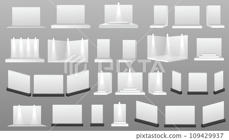 Exhibition stand. White empty advertising stand with desk. Trade Show Booths Mockup with Demonstrations Tables. Scene show Podium for presentations. 109429937