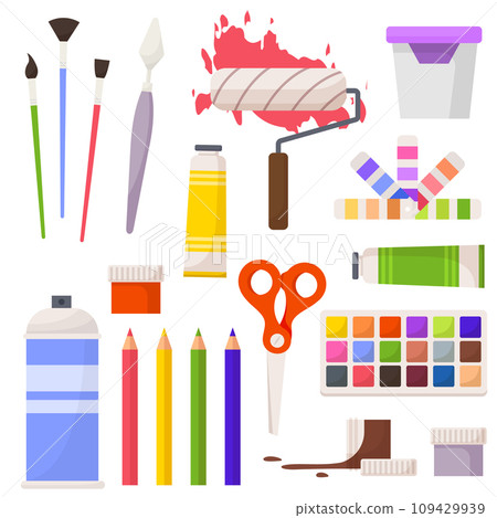 Set of art making tools including brushes, pallets, palettes, easel and canvas flat design illustration, in the style of colorful figures, wood sculptor, impressionist colorism. Artists tools set Set of art making tools including brushes, pallets, palettes, easel and canvas flat design illustration, in the style of colorful figures, wood sculptor, impressionist colorism. Artists tools set 109429939