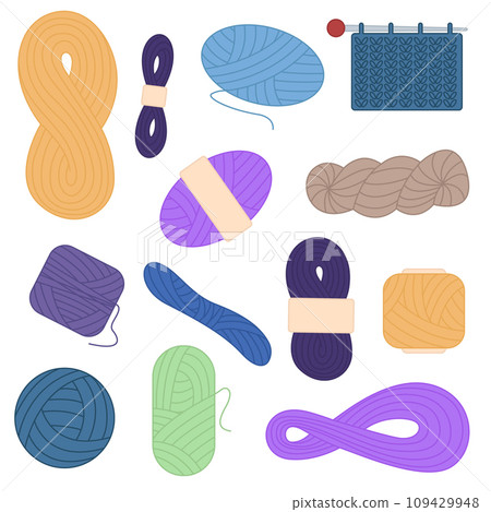 Vector set with wool yarn balls and skeins. Knitting needles. Skein, ball, bobbin. Hobby tools collection. 109429948