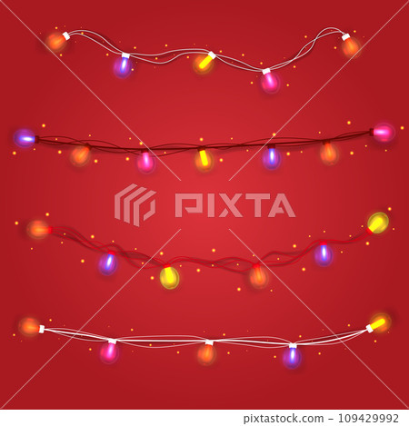 Christmas ornaments bright light garlands on red background. Set Xmas decoration string light garland. Vector illustration EPS10 Christmas ornaments bright light garlands on red background. Set Xmas decoration string light garland. Vector illustration EPS10 109429992