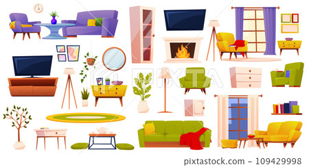 Living room interior set. Comfy modern workplace and lounge extensive collection isolated. Vector illustration EPS10 Living room interior set. Comfy modern workplace and lounge extensive collection isolated. Vector illustration EPS10 109429998