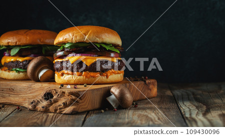 Two delicious homemade burgers of beef, cheese and mushrooms on an wooden table. With copy space Two delicious homemade burgers of beef, cheese and mushrooms on an wooden table. With copy space 109430096