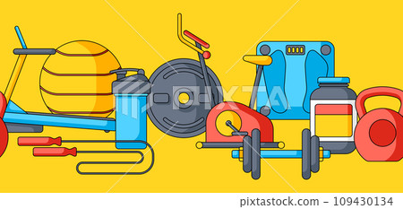 Pattern with fitness equipment. Sport bodybuilding items illustration. 109430134