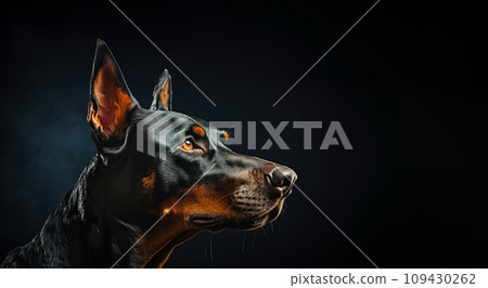 Close-up of a Doberman pinscher on a dark background, studio portrait of a dog with copy space for advertising a veterinarian or dog food 109430262