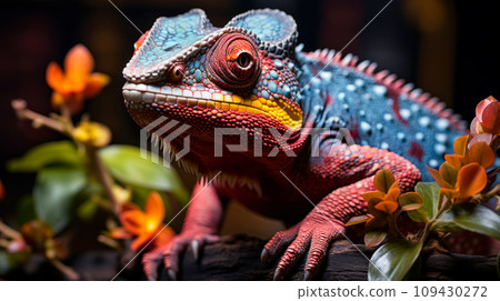 Close-up portrait of a chameleon on a colorful tree branch, color changing lizards, advertising photo for a clinic or poster about reptiles Close-up portrait of a chameleon on a colorful tree branch, color changing lizards, advertising photo for a clinic or poster about reptiles 109430272
