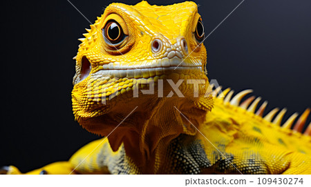 Close-up portrait of a banana-eating lizard, advertising photo for a clinic or magazine about reptiles Close-up portrait of a banana-eating lizard, advertising photo for a clinic or magazine about reptiles 109430274