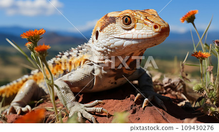 Skink lizard on a sand dune in its natural habitat, advertising photo of a reptile, idea about studying animals in a terrarium 109430276