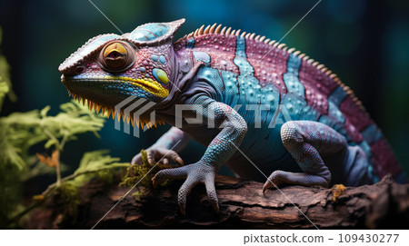 Chameleon sitting on a tree branch, dark tropical forest background 109430277