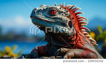Galapagos marine iguana basking in the sun, observing fauna in its natural environment, background for travel advertising Galapagos marine iguana basking in the sun, observing fauna in its natural environment, background for travel advertising 109430282