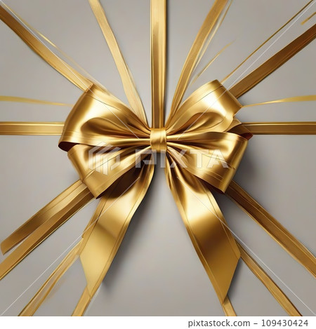 3D render of a golden bow on a gray background with copy space 109430424