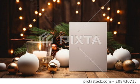 White greeting card with blank front, realistic on a mockup template in a wooden table in a christmas luxuty background in home inside, 109430715