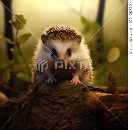 a baby hedgehog sits still and looking at the camera, 109430730