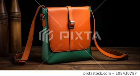 the brown leather crossbody has been placed on a wooden table that has no handle, 109430787