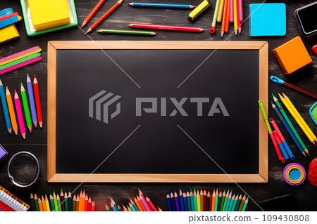 Creative Stationery Arrangement: Tools Aligned on Blackboard's Edge with Ample Space for Imagination.GenerativeAI. 109430808