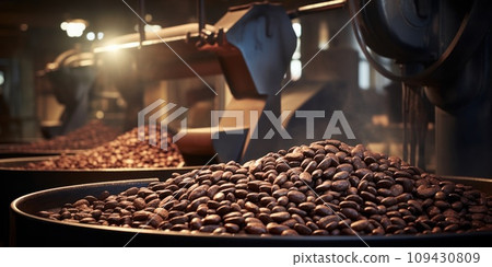 AI-generated content. Production of cocoa at factory, conveyor. Close up. 109430809