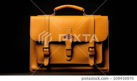 the leather briefcase is displayed on the black surface, 109430970