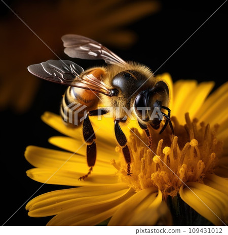 a bee on a black background with a yellow flower, 109431012