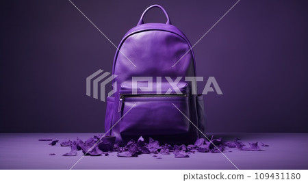 the purple leather backpack is on top of a table, 109431180