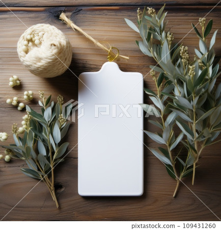 white blank tag with blank front realistic on a mockup template in a white wooden table with olive leaf branch 109431260
