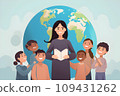 Educational Joy: Illustration of Female Teacher and Kids Embracing Books, Smiles, Globe, Flowers in Flat Style.GenerativeAI. 109431262