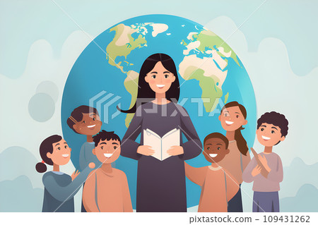Educational Joy: Illustration of Female Teacher and Kids Embracing Books, Smiles, Globe, Flowers in Flat Style.GenerativeAI. 109431262